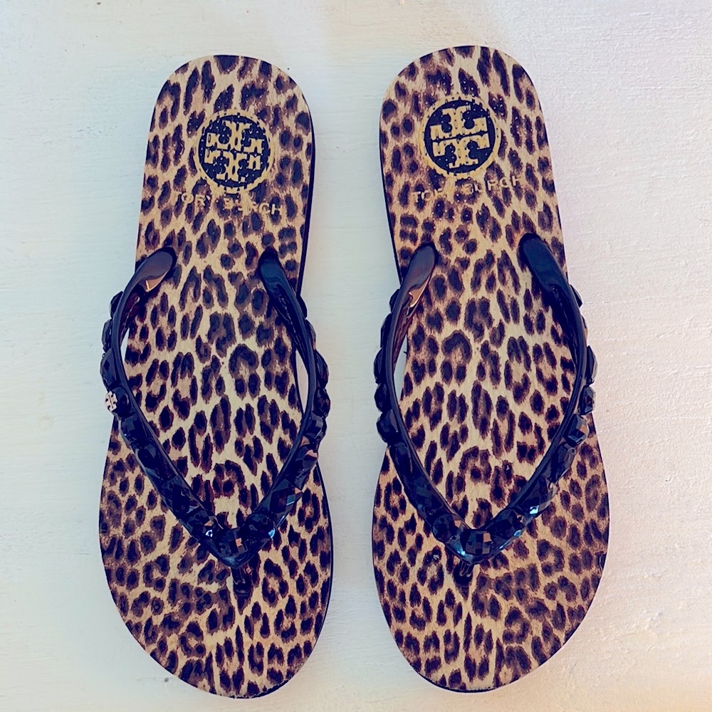 Tory Burch Black and Brown Sandals with Leopard Print